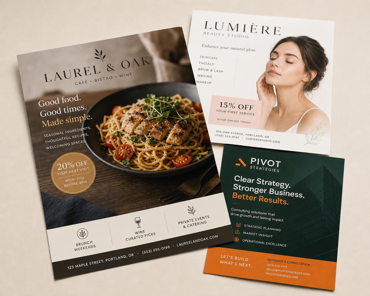 Primeri odštampanih flajera: promo flajer za restoran, flajer za beauty salon i poslovni flajer
